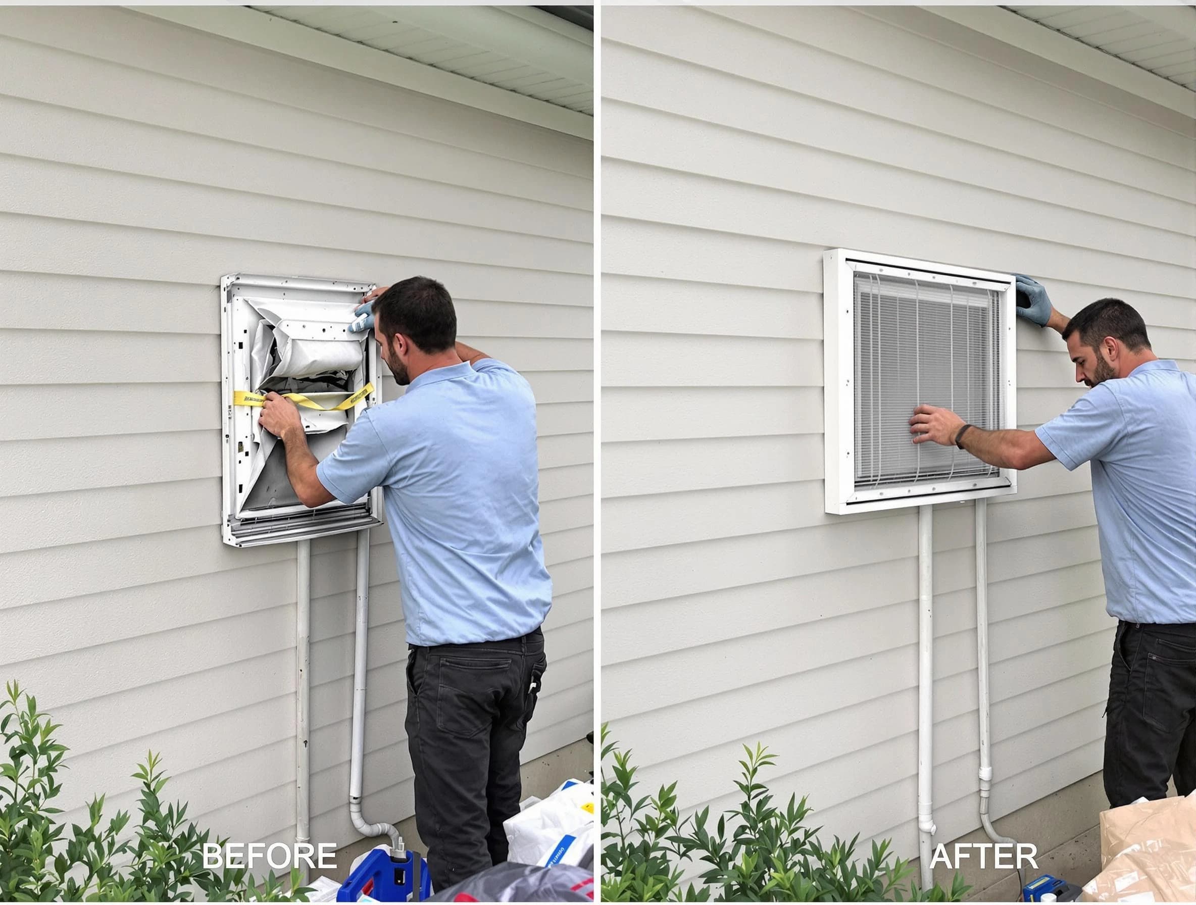 Centerville Dryer Vent Cleaning technician installing high-quality dryer vent cover at a residential property in Centerville
