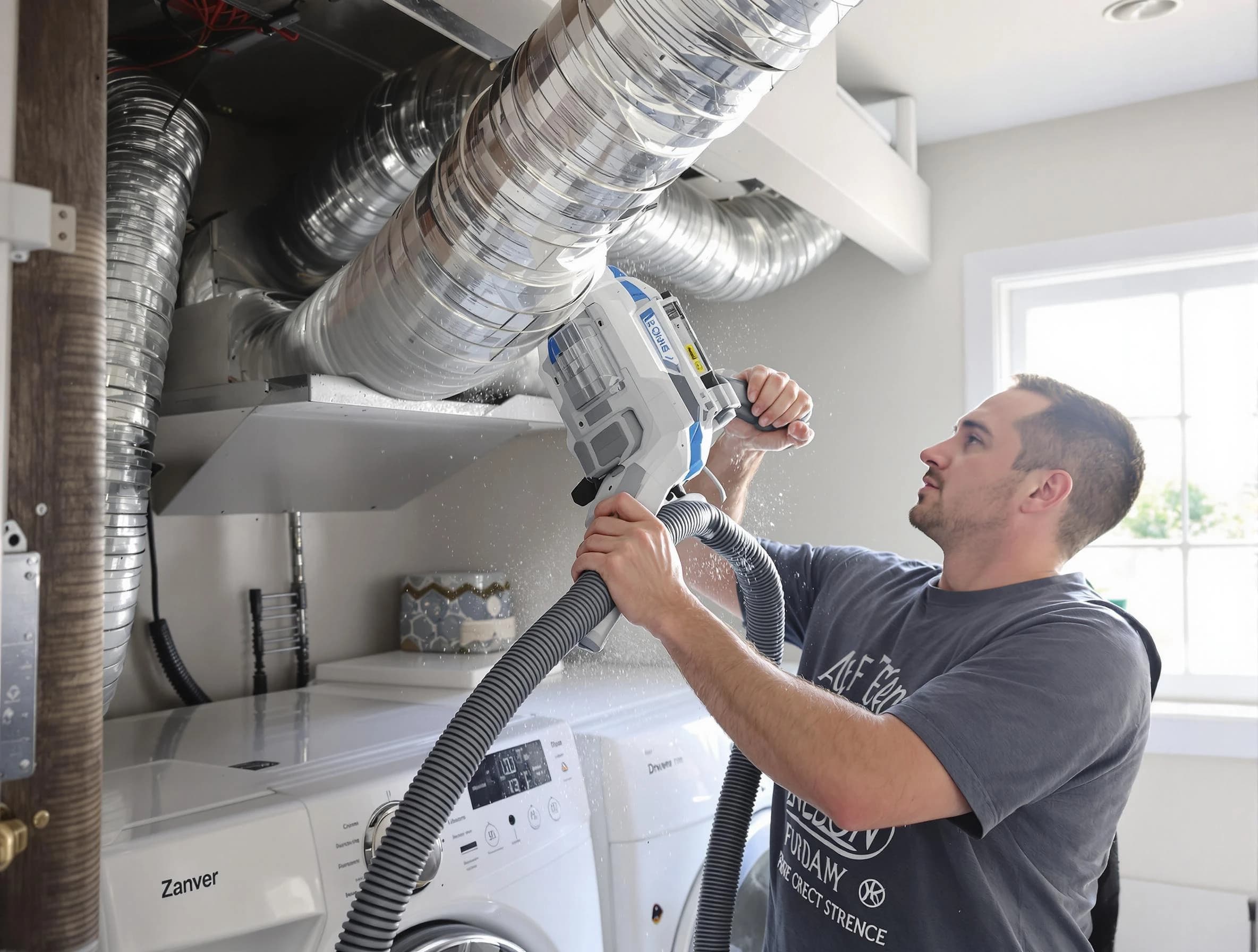 Centerville Dryer Vent Cleaning specialist cleaning deep within a dryer vent duct system in Centerville