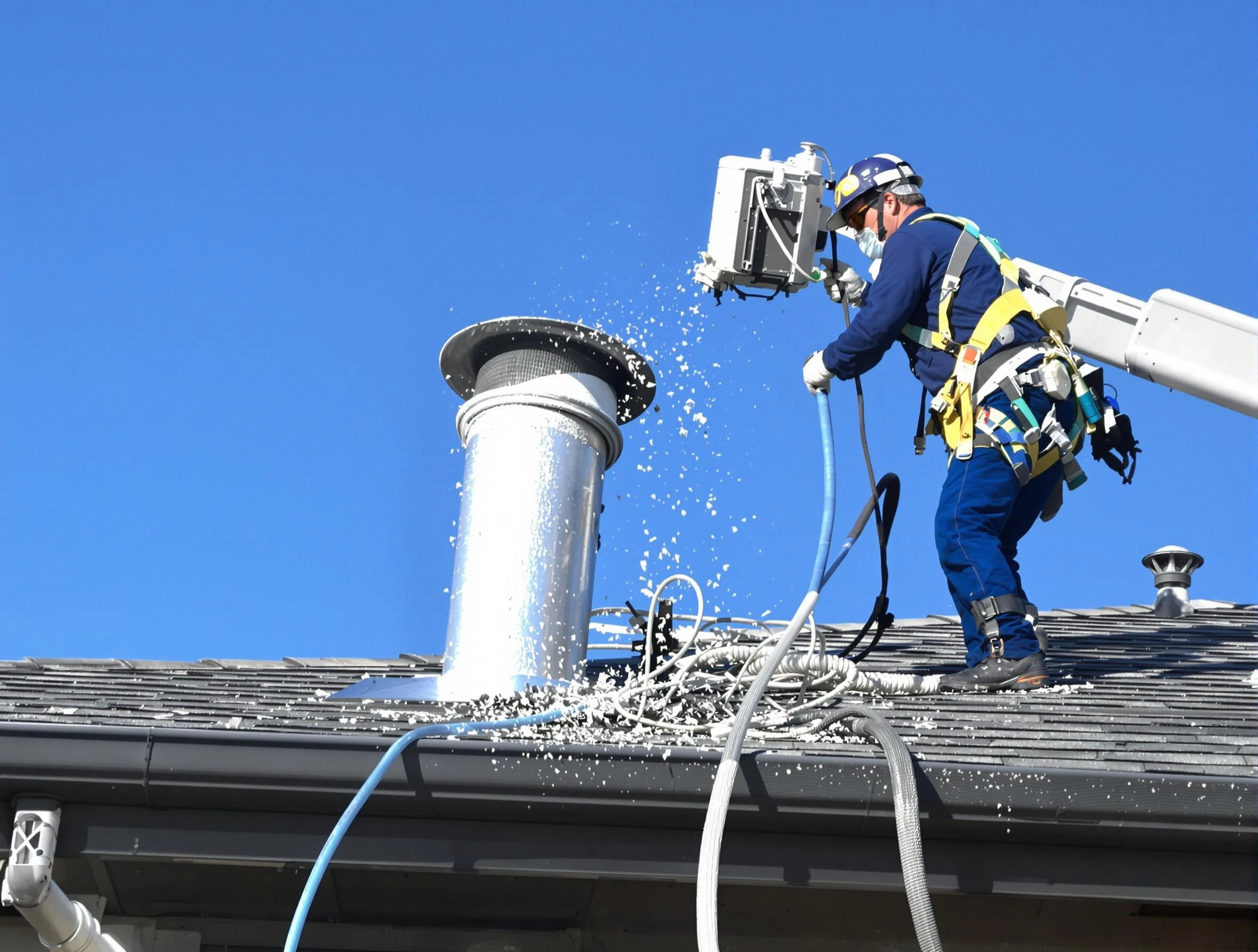 Centerville Dryer Vent Cleaning certified technician safely cleaning a roof-mounted dryer vent in Centerville
